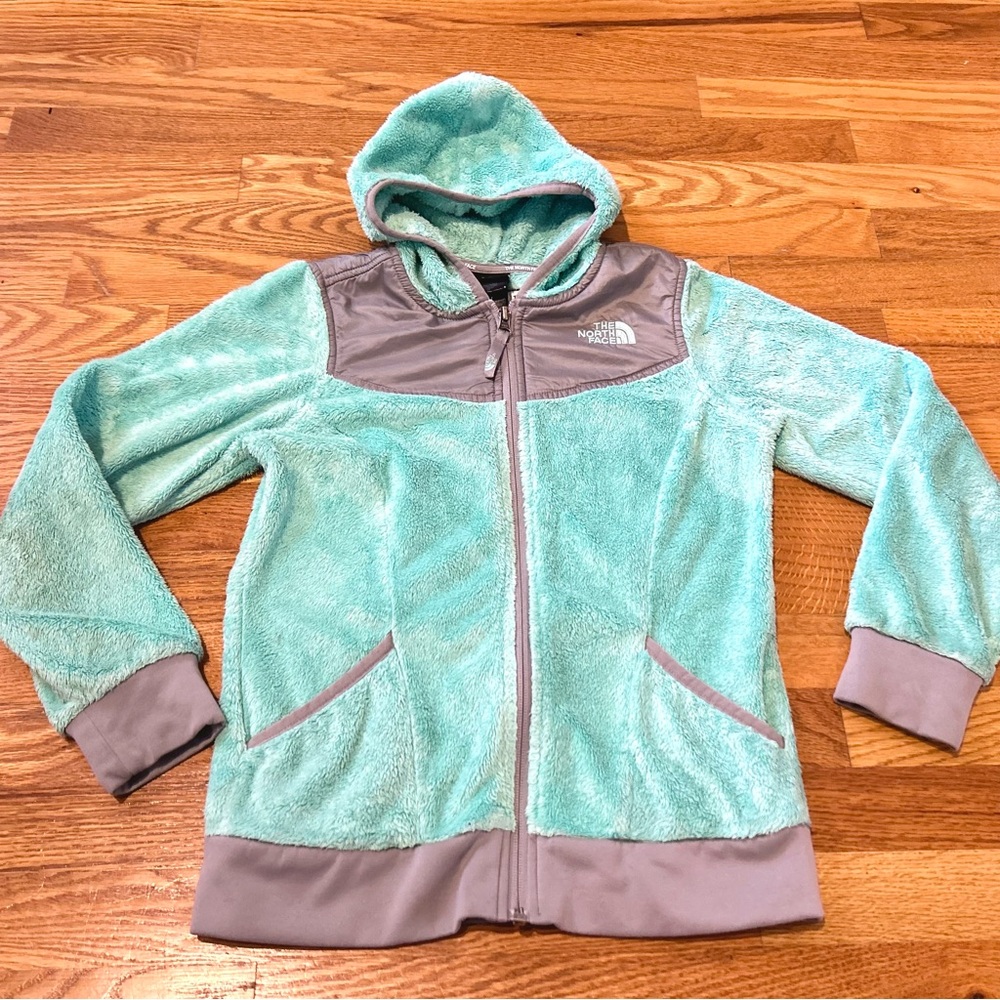 The North Face Kids Aqua Blue and Gray Fleece Hooded Full Zip Jacket, Size 10/12